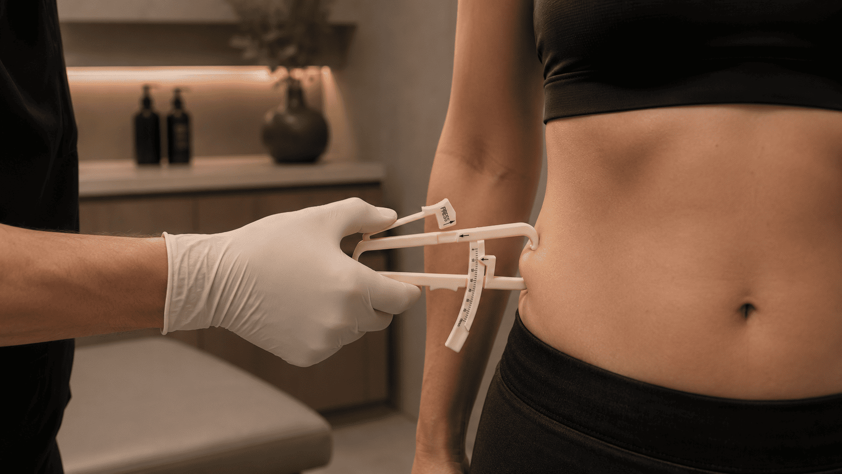 Healthcare professional measuring abdominal skinfold thickness with calipers to assess body fat as part of a body composition evaluation.