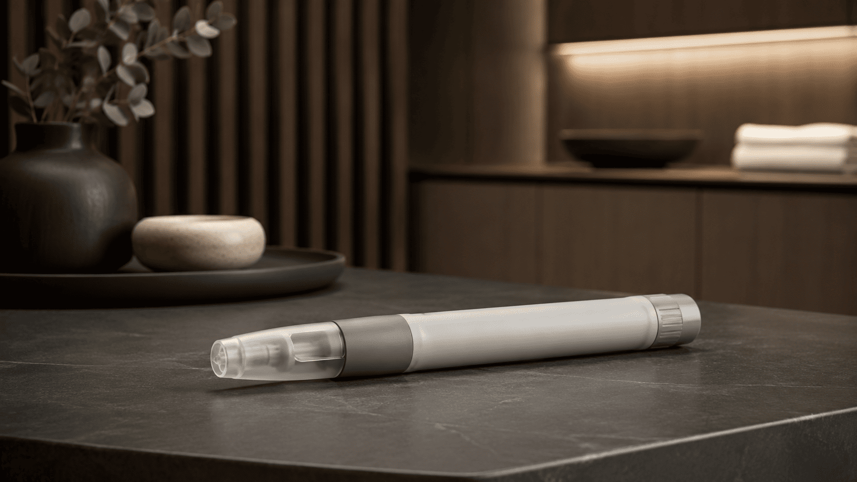 Close-up of a weight loss injection pen on a countertop in a modern medical clinic, representing injectable medication for weight management.