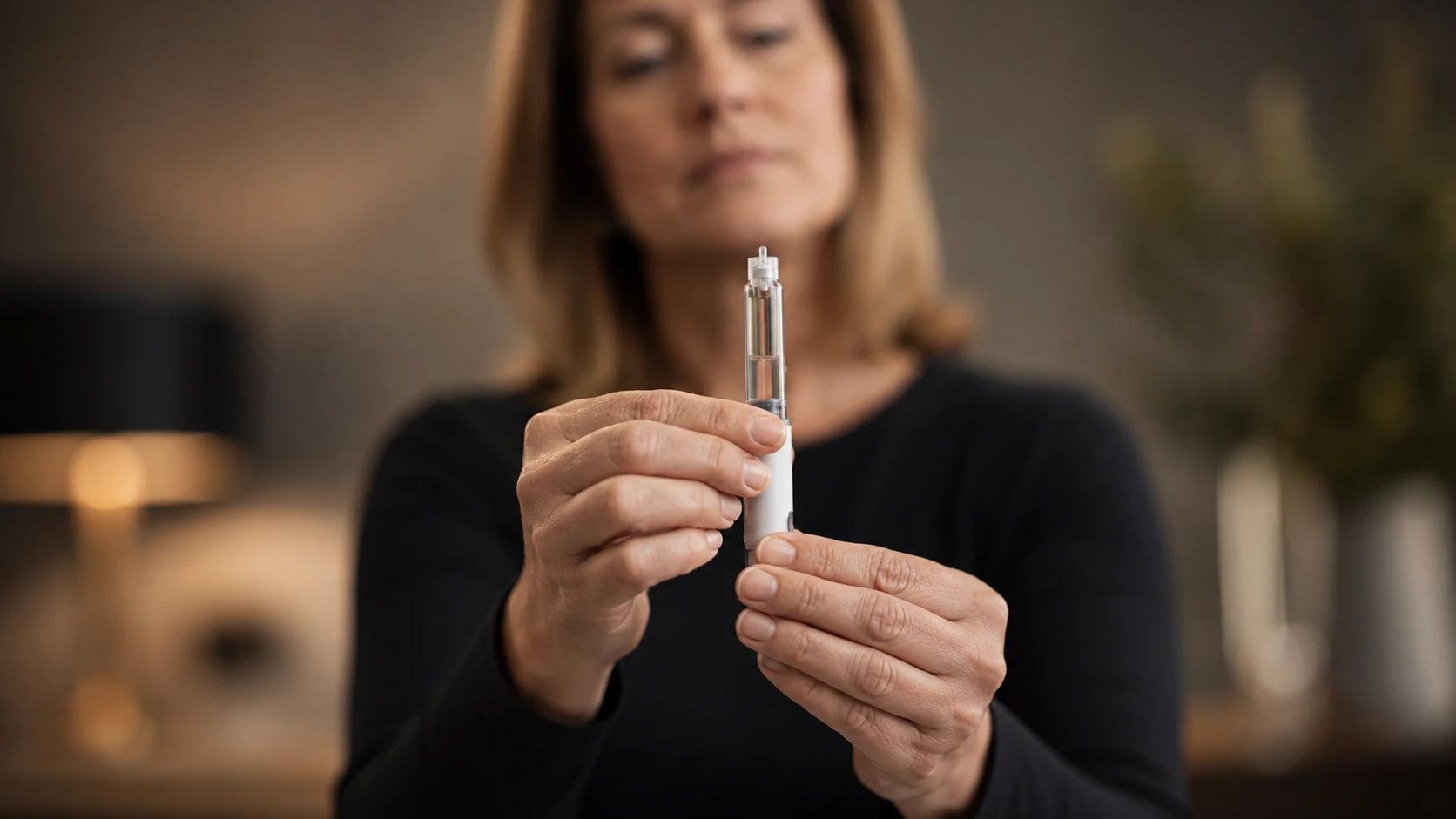 Woman holding a GLP-1 injection pen in focus, illustrating medically supervised weight-loss treatment for obesity and metabolic health.