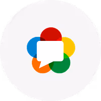 Colorful flower-like icon composed of overlapping circles in red, blue, yellow, green, and orange with a white speech bubble in the center.