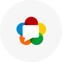 Colorful flower-like icon composed of overlapping circles in red, blue, yellow, green, and orange with a white speech bubble in the center.