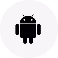 Black Android robot icon on a light gray circular background.