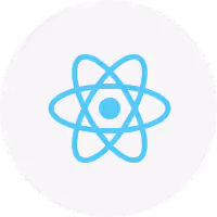 Blue React.js logo with atom design on a light gray circular background.