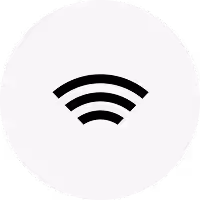 Black Wi-Fi signal icon on a light gray circular background.