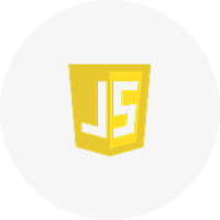 JavaScript logo with yellow shield and white JS letters on a light gray circular background.