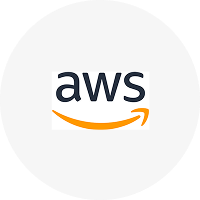 Amazon Web Services (AWS) logo with a curved arrow underneath.