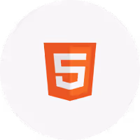 HTML5 logo shield in orange and white on a light gray circular background.