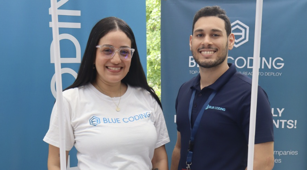 Blue hexagonal logo with a stylized letter E inside on a light blue background.