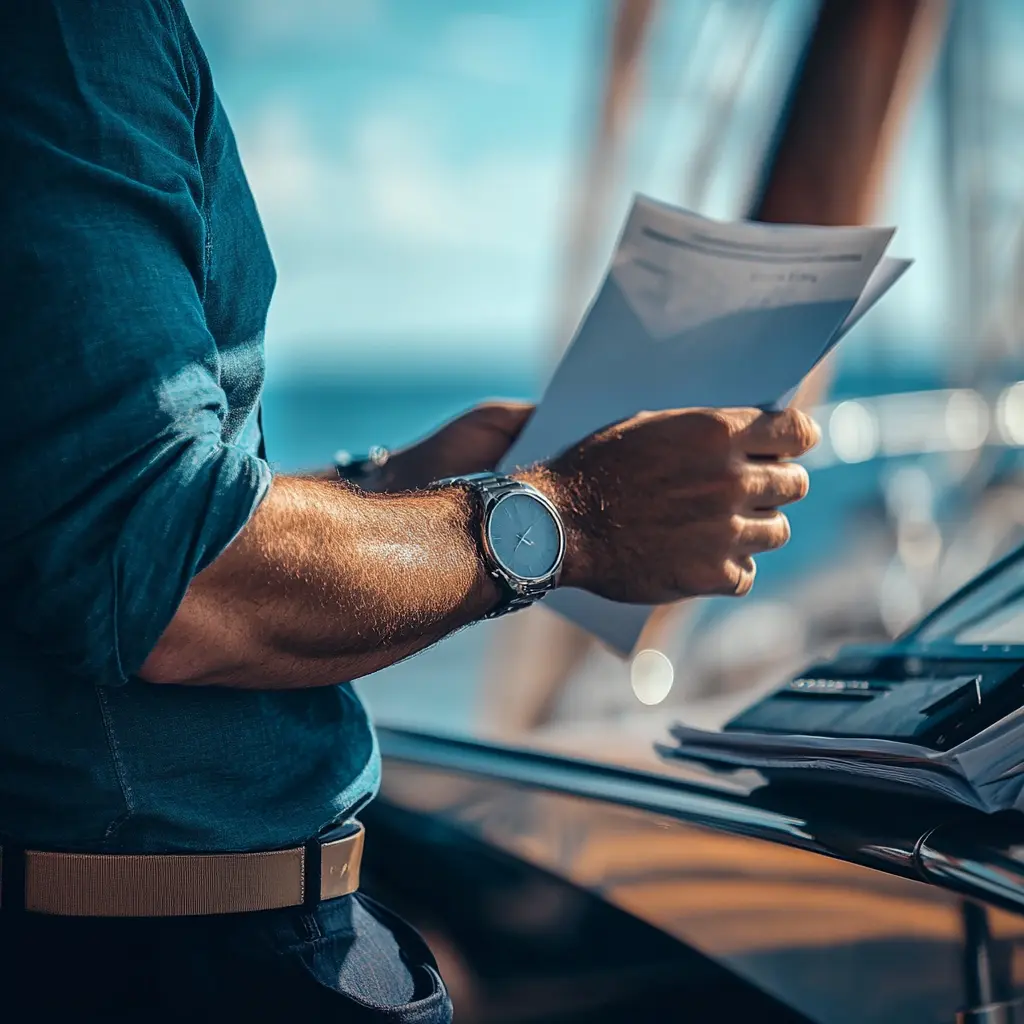 man in a blue shirt holding documents on a boat with a silver wristwatch visible