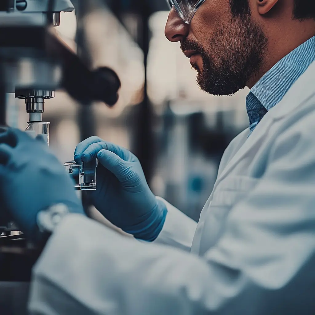 scientist in a lab coat and safety glasses using laboratory equipment with gloved hands