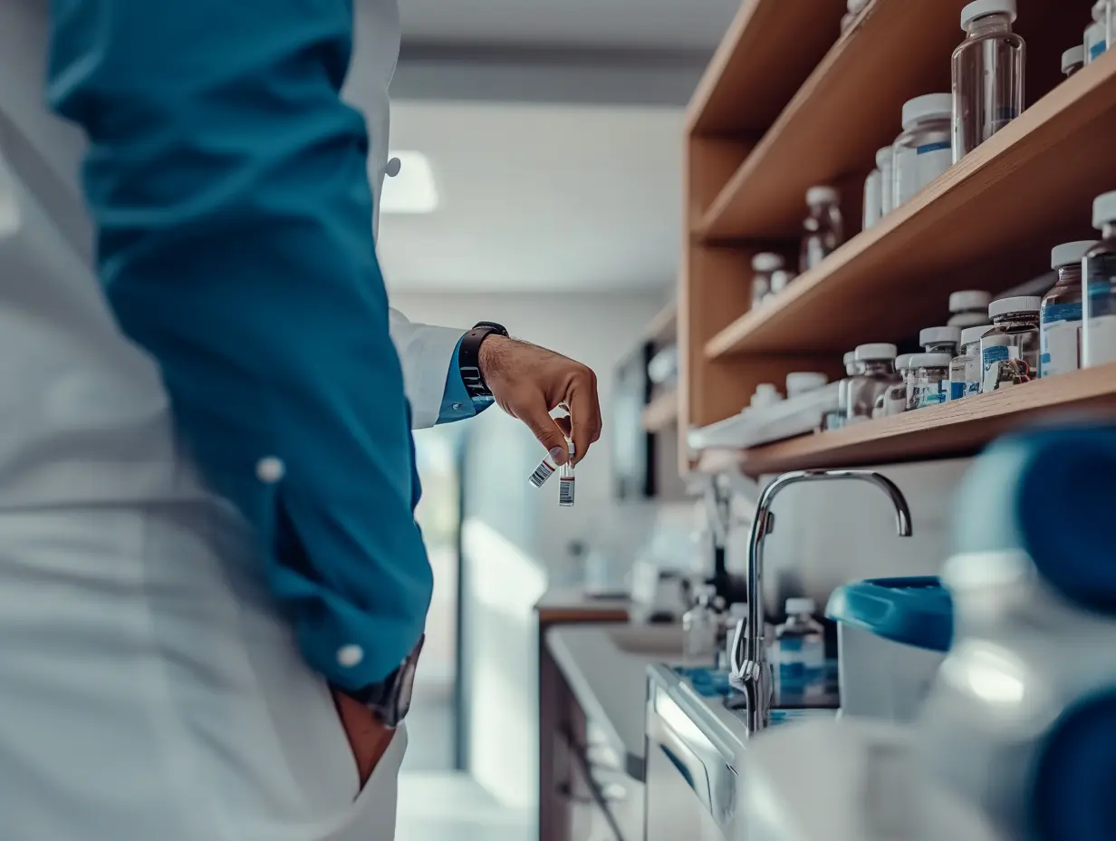 Researcher holding test tubes in a laboratory setting