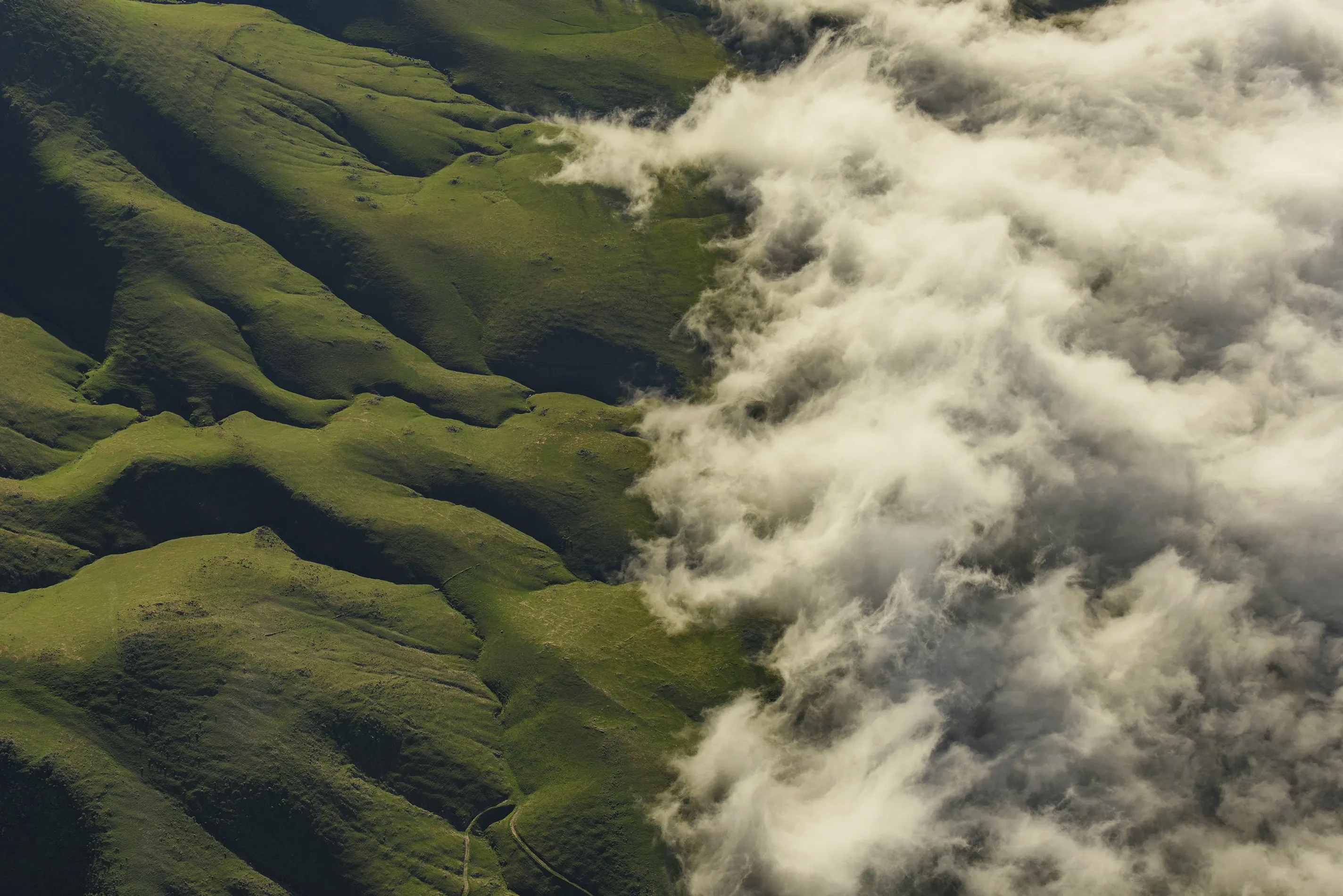 Aerial view of green hills partially covered by thick white clouds.