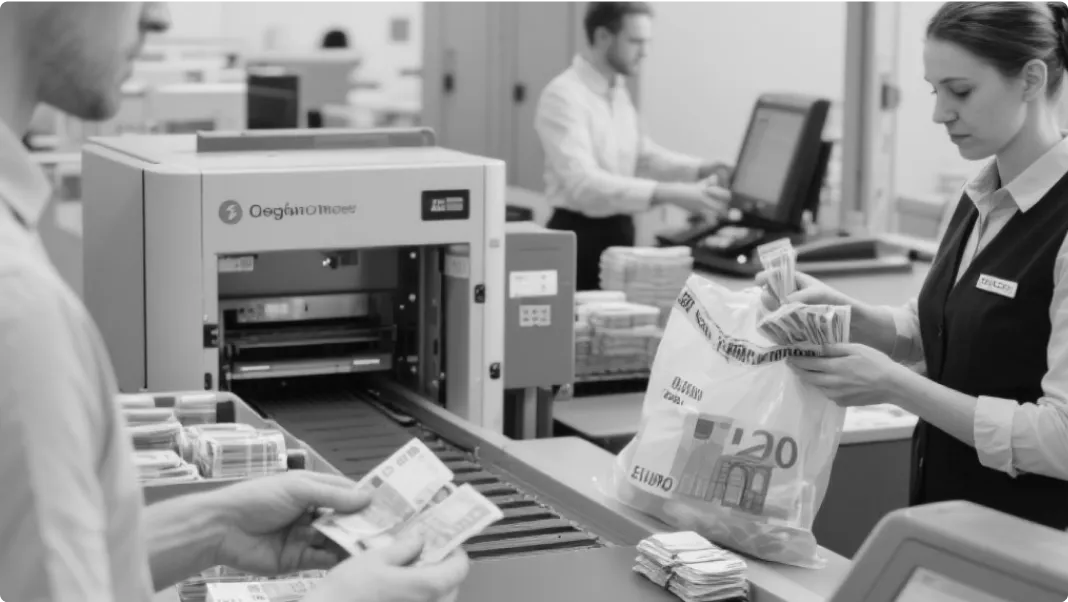 Ein Team arbeitet an einem Cash-Management Band