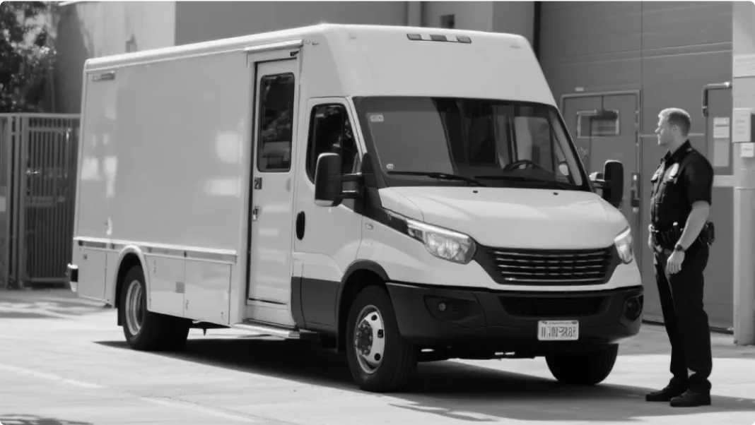 Ein Mann steht vor einem gepanzertem Transportfahrzeug