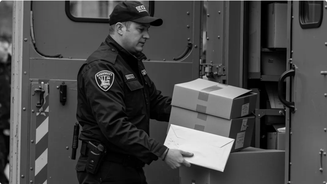 Ein Mann beladet ein Transportfahrzeug mit wichtigen Dokumenten