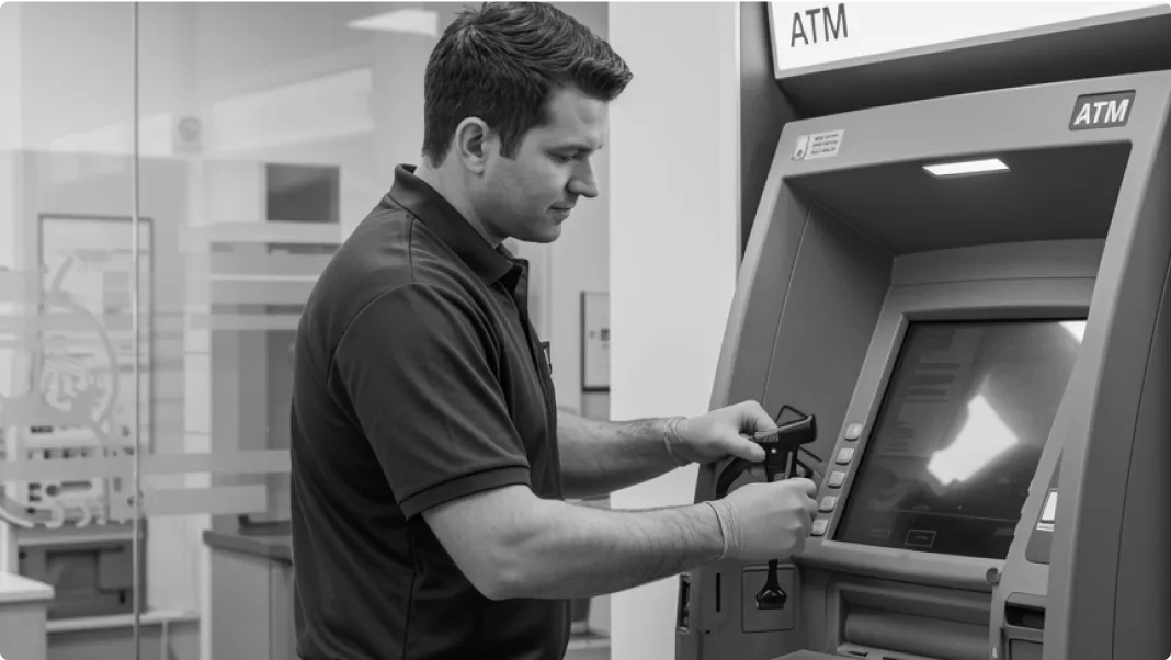 Ein Mann arbeitet an einem Geldautomaten
