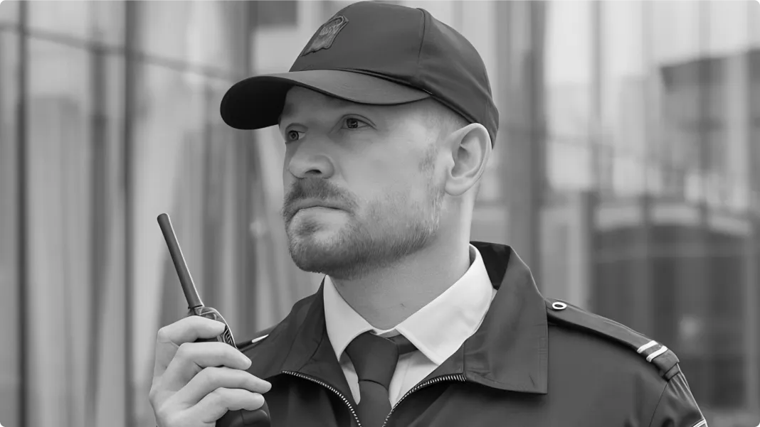 Ein Wächter mit einem Sprechfunkgerät