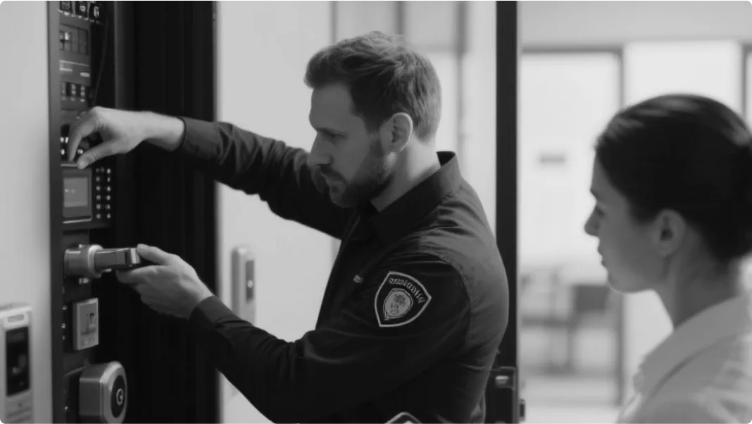 Ein Mann zeigt einer Frau wie man eine Sicherheitsanlage bedient