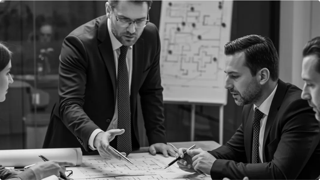 Ein Team bespricht die Entwicklung von einem Sicherheitskonzept