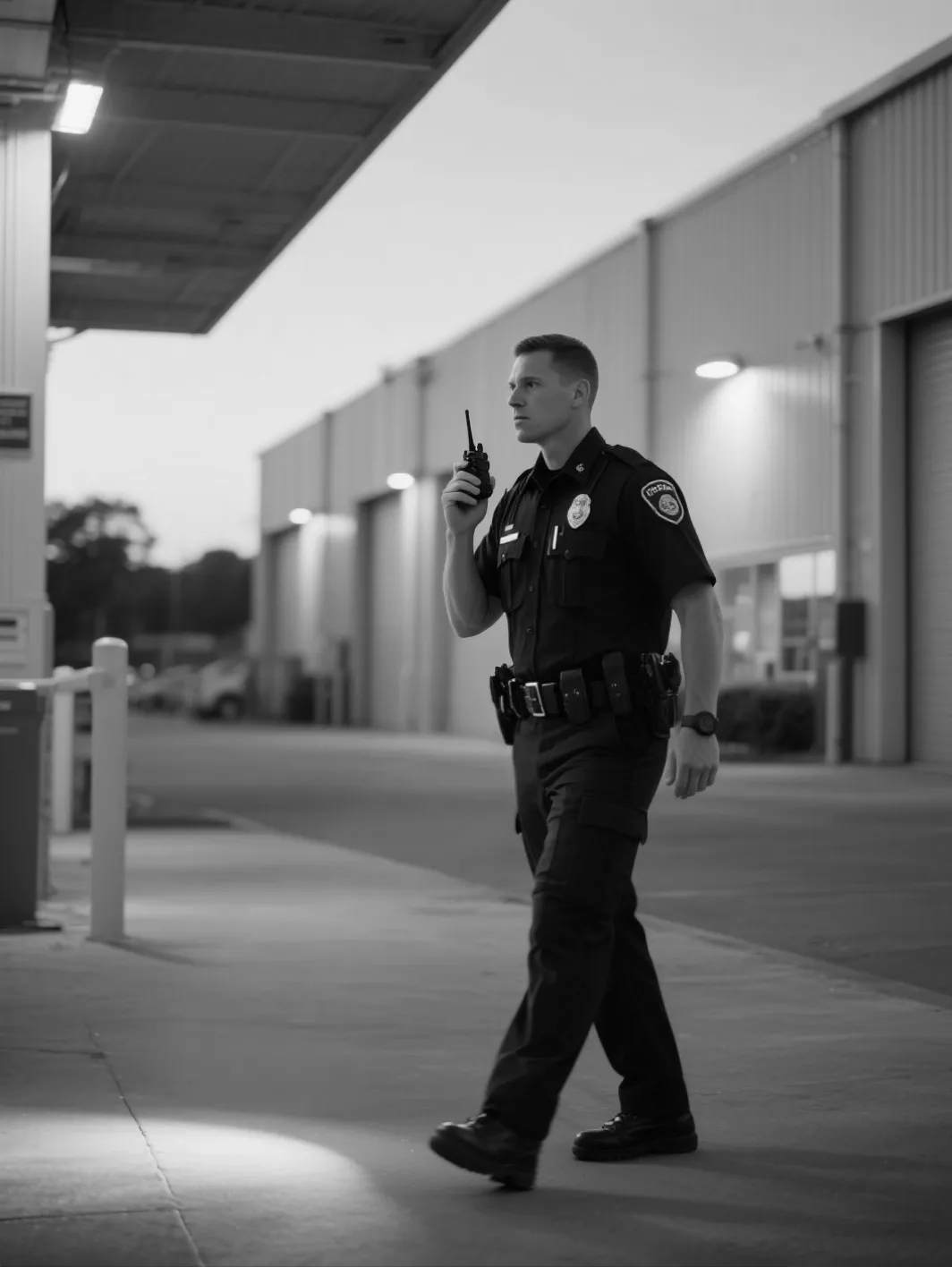 Ein Polizist in Uniform geht und spricht in ein Funkgerät vor einem Industriegebäude.