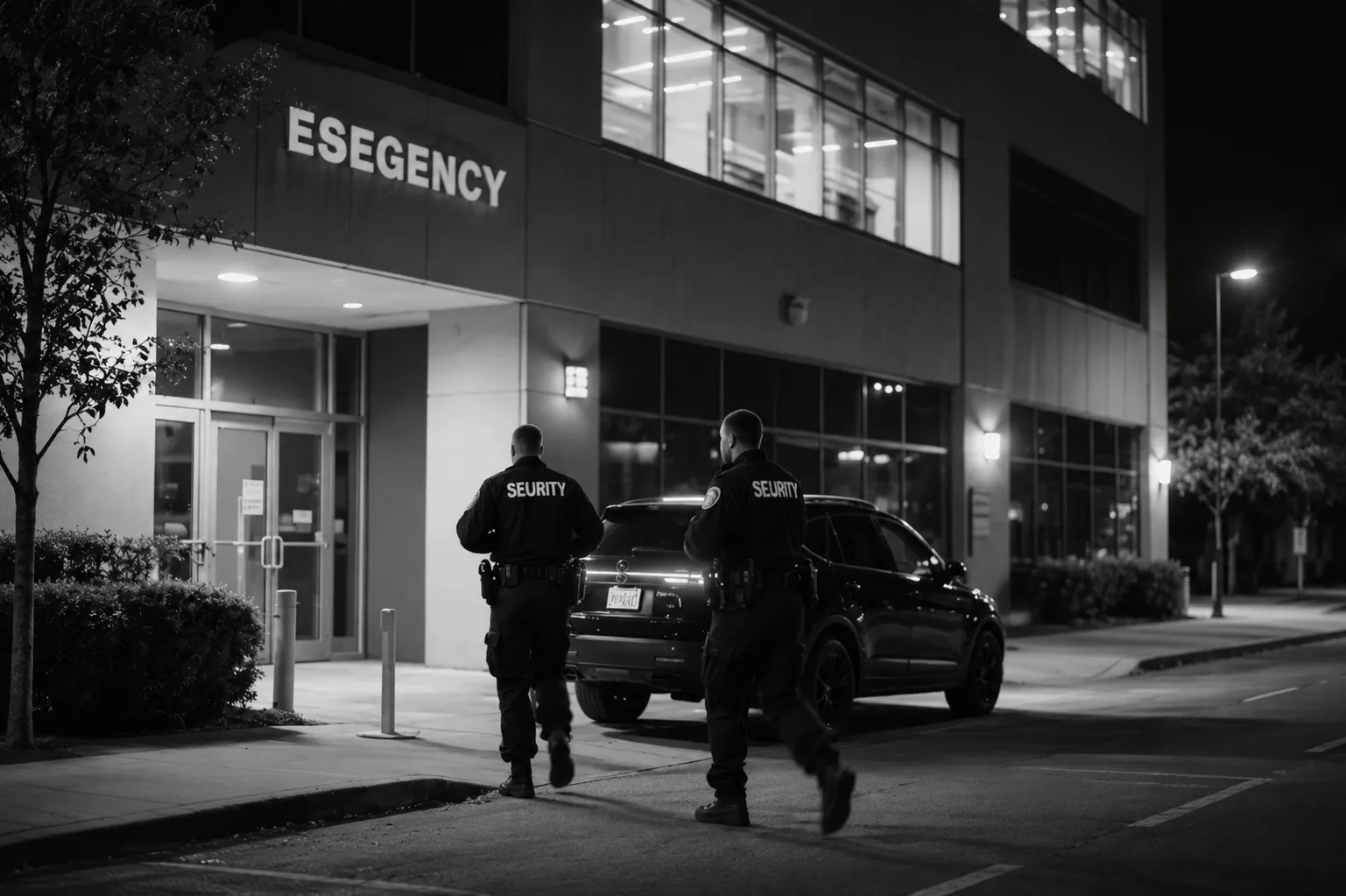 Zwei Sicherheitsleute gehen nachts zu einem Gebäude mit dem beleuchteten Schild 'ESEGENCY'.