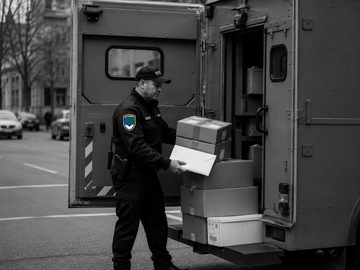 Ein Sicherheitsmitarbeiter lädt Pakete und einen Umschlag aus einem Lieferwagen auf einer Straße aus.