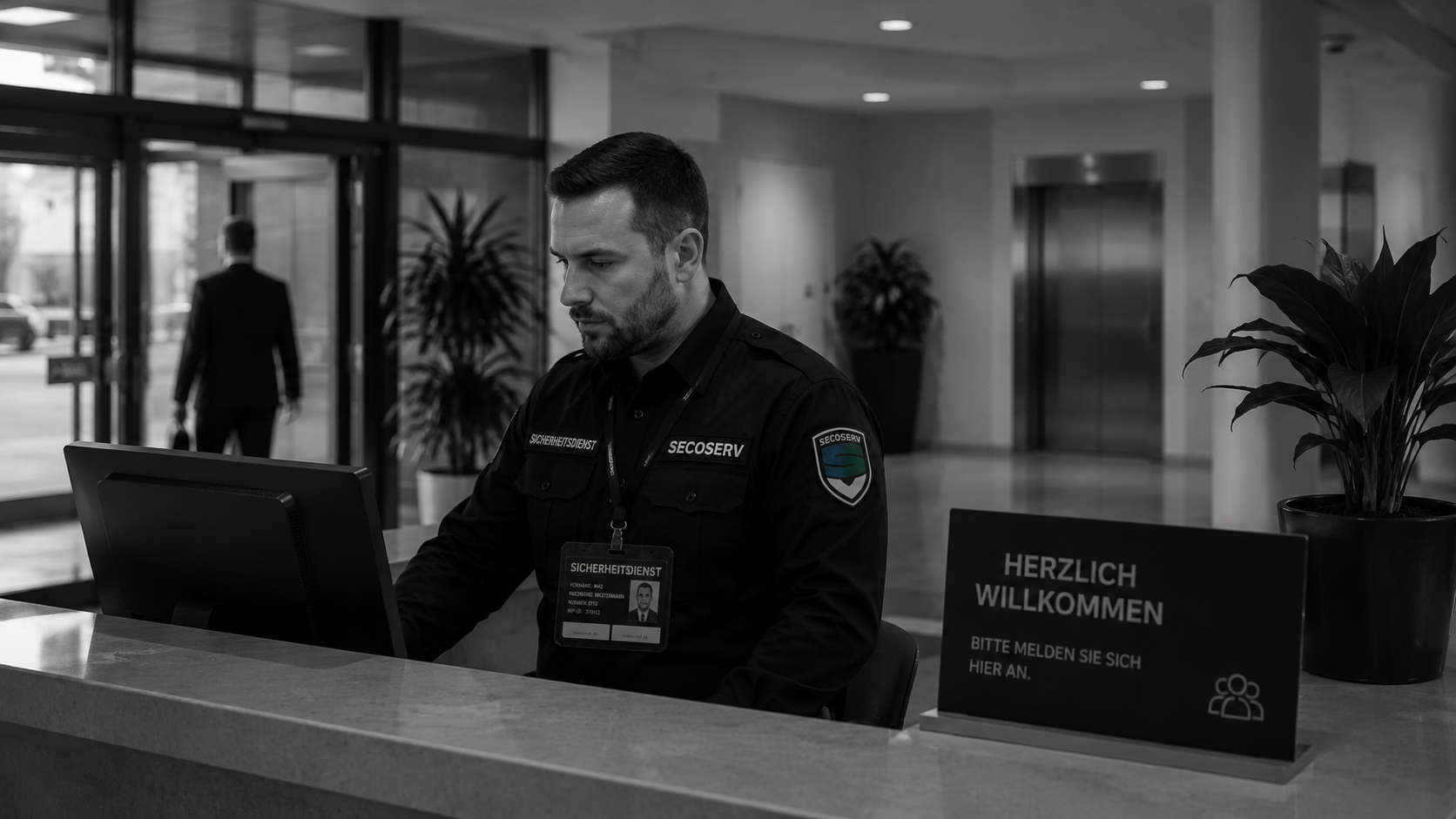 Schwarz-weißes Foto eines Sicherheitsmitarbeiters am Empfang eines modernen Bürogebäudes. Der Mann sitzt hinter einer Empfangstheke und arbeitet an einem Computer. Er trägt eine schwarze Dienstkleidung mit SECOSERV-Logo auf dem Ärmel sowie einen Dienstausweis mit Schlüsselband. Im Hintergrund sind Glasfronten, Pflanzen und ein Eingangsbereich mit automatischen Türen zu sehen. Rechts auf der Theke steht ein Schild mit der Aufschrift „Herzlich Willkommen – Bitte melden Sie sich hier an.“