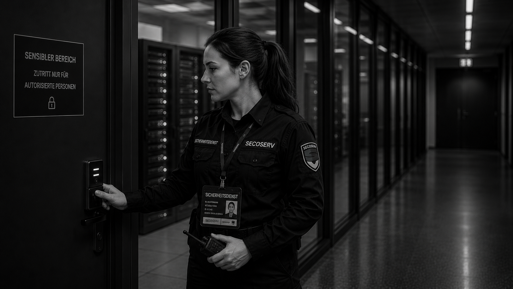 Schwarz-weißes Bild einer weiblichen Sicherheitsmitarbeiterin in einem modernen Hochsicherheitsbereich. Die Frau mit dunklem Pferdeschwanz trägt eine schwarze SECOSERV-Uniform mit detailgetreuem Firmenlogo auf dem Ärmel sowie einen Dienstausweis mit weiblichem Foto am Schlüsselband um den Hals. Sie bedient ein elektronisches Zutrittssystem an einer Tür mit der Beschriftung „Sensibler Bereich – Zutritt nur für autorisierte Personen“. Im Hintergrund sind Glaswände, Serverräume und ein dunkler, moderner Behörden- oder Unternehmensflur zu sehen. Die Szene wirkt professionell, ruhig und sicherheitsorientiert.