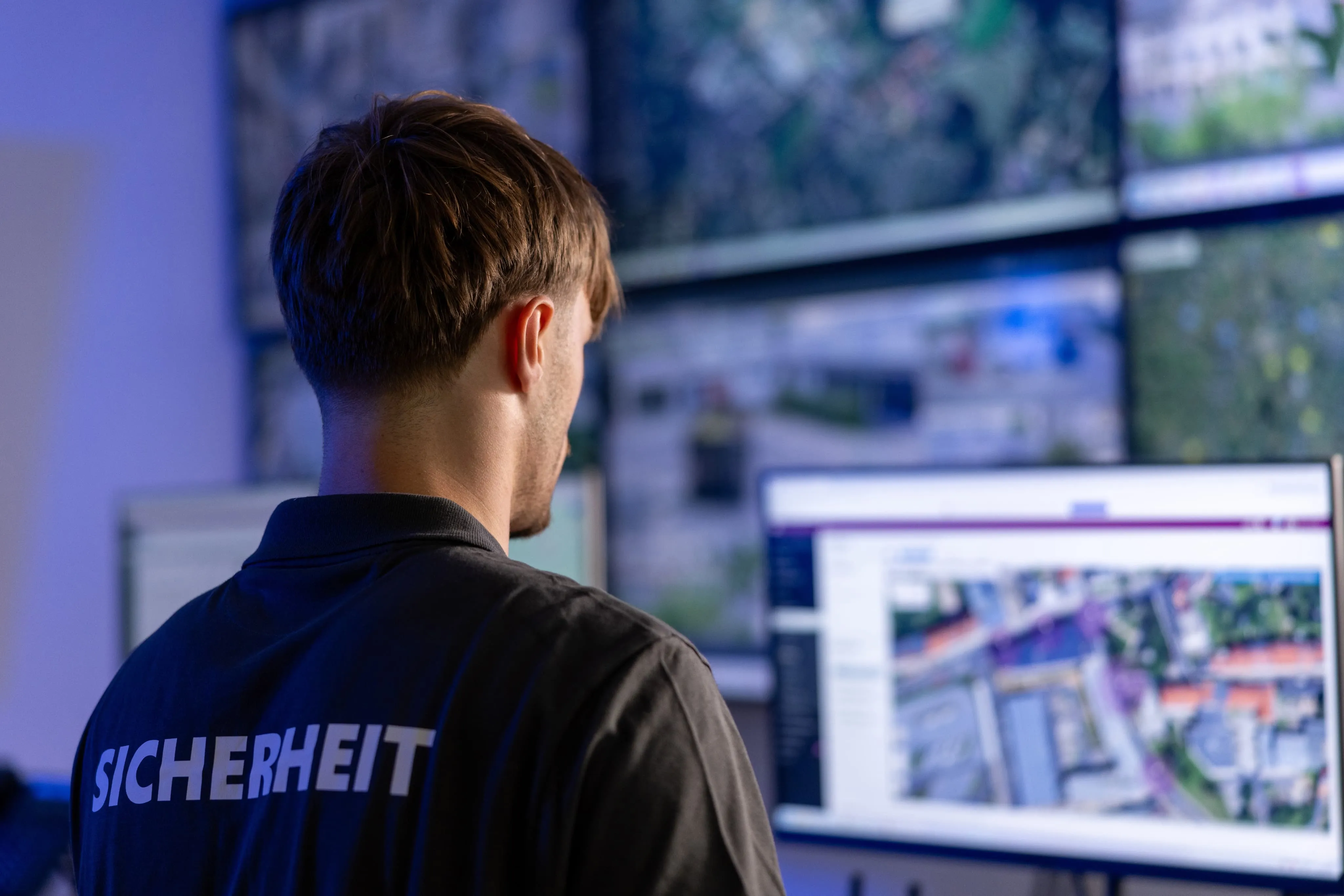 Ein Mann in einem schwarzen Hemd mit der Aufschrift "SICHERHEIT" auf dem Rücken beobachtet überwachte Kameraaufnahmen und Karten auf mehreren Bildschirmen in einem Kontrollraum.