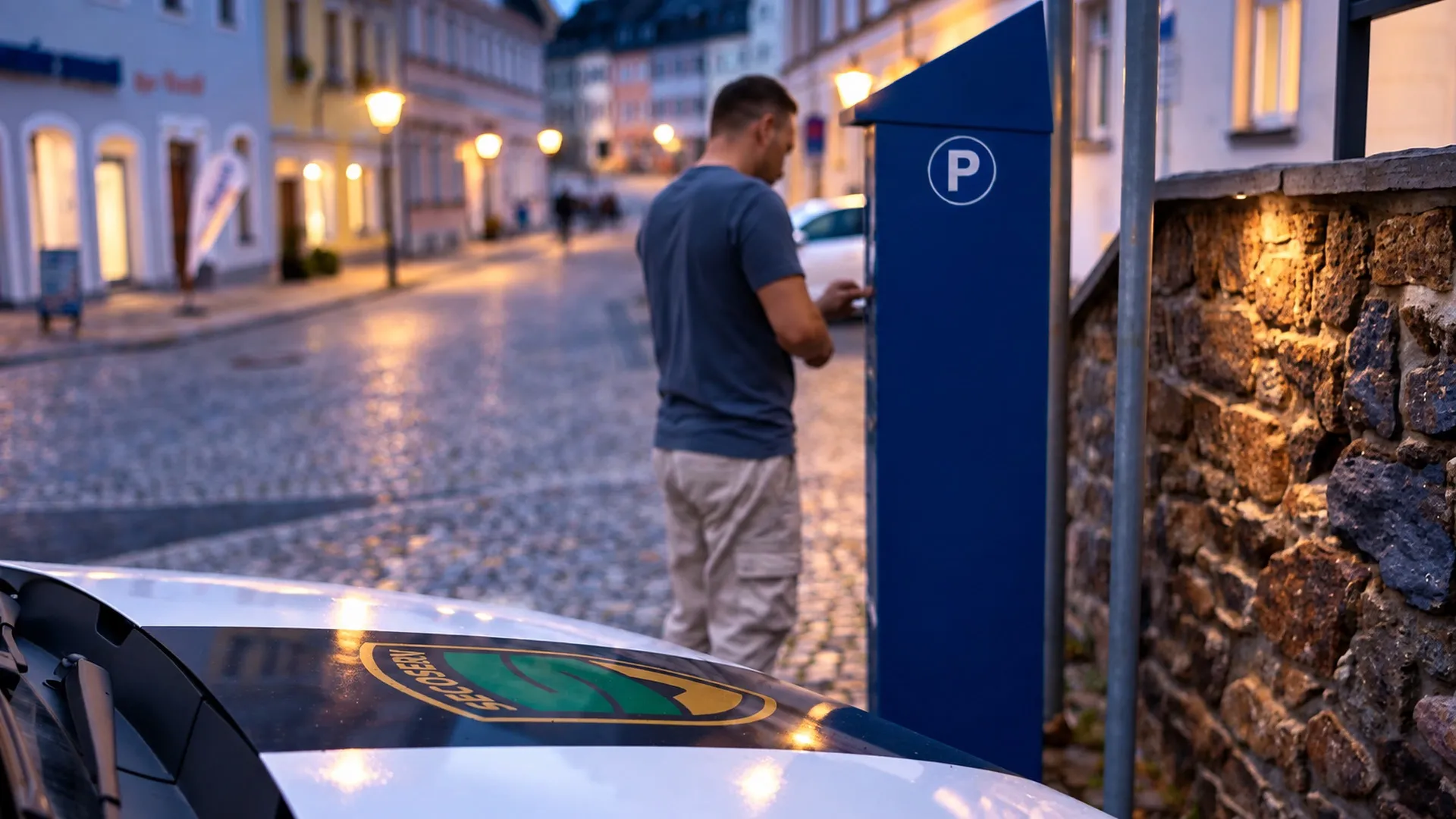 Servicemitarbeiter an einem blauen Parkscheinautomaten in einer abendlichen Altstadtgasse