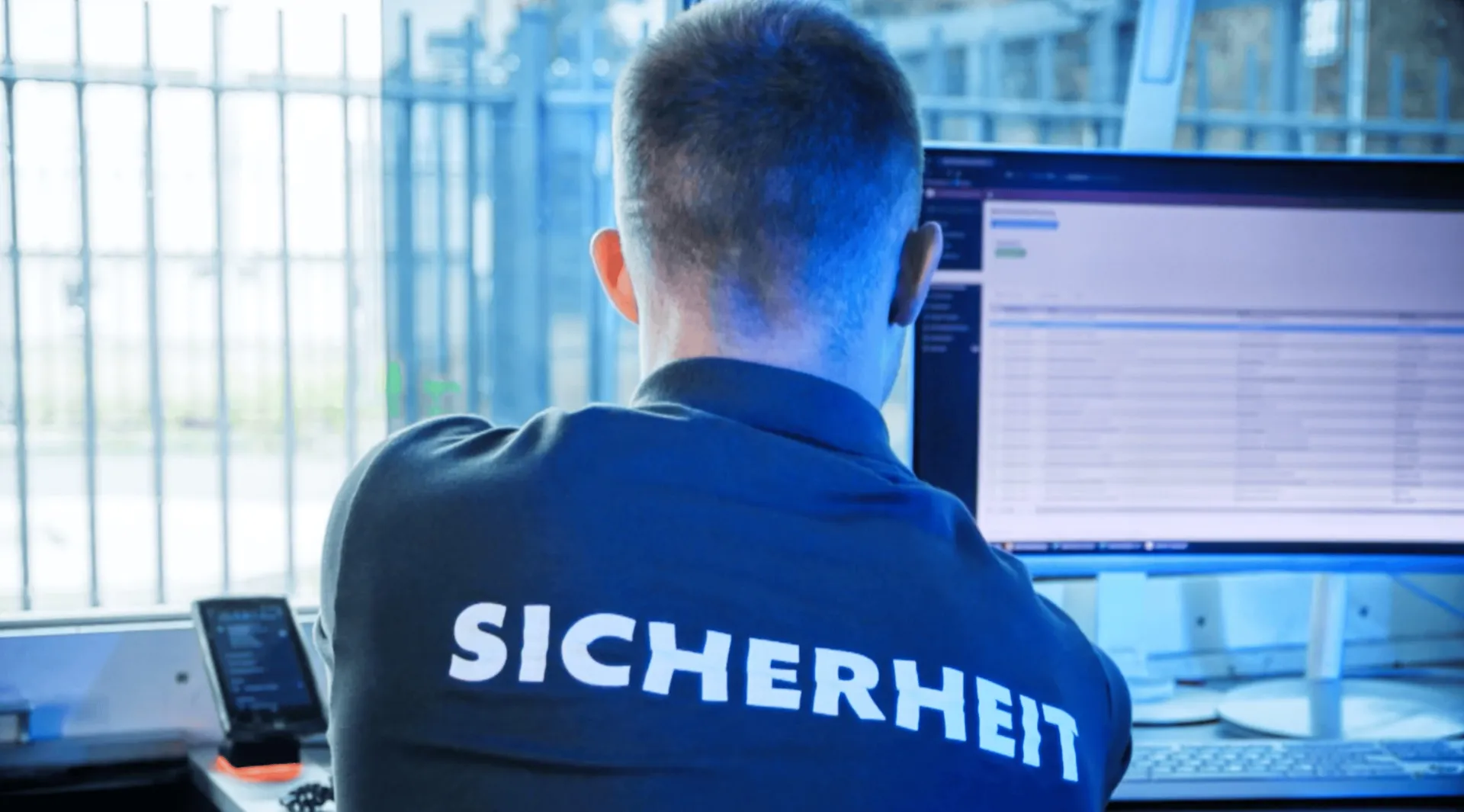 Sicherheitsmitarbeiter mit SICHERHEIT-Aufdruck am Pfortenarbeitsplatz vor einem Monitor, im Hintergrund ein Zauntor