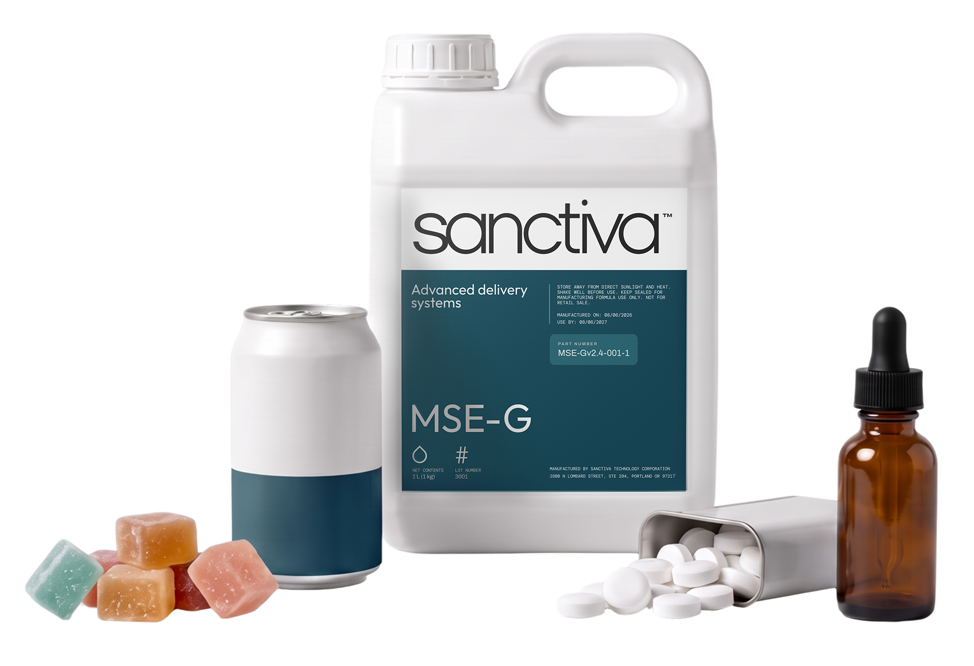 Sanctiva MSE-G emulsion base in a 1 liter jug, shown with gummies, a beverage can, tablets, and a dropper bottle
