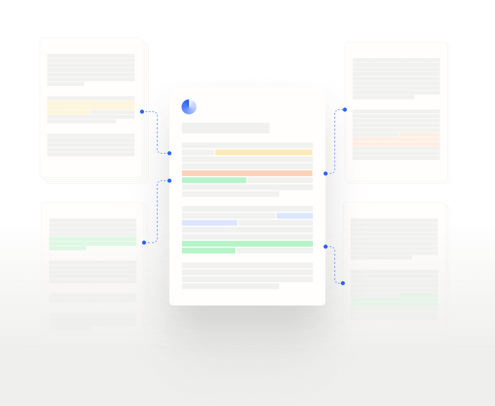 Central document connected to four surrounding documents by dotted blue lines, each document contains highlighted text blocks in different colors.