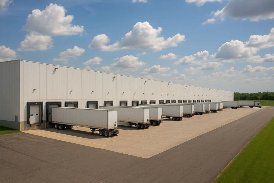 Semi-trailers lined up at warehouse loading docks for freight shipping and distribution
