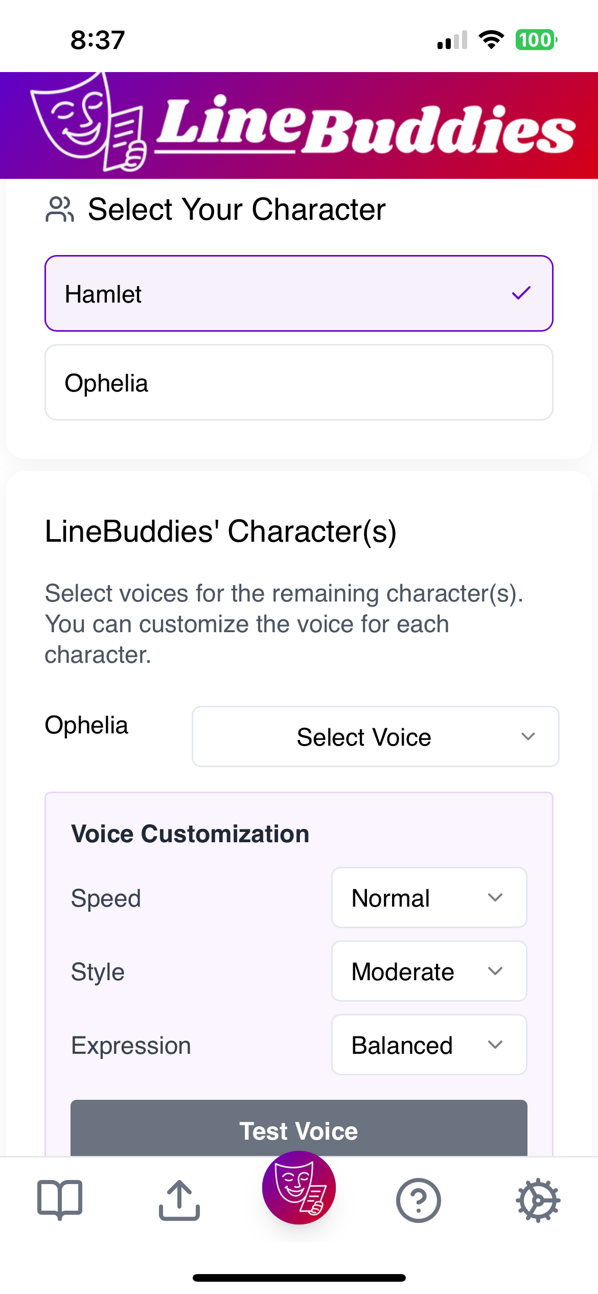 A screenshot from the app's voice selection screen