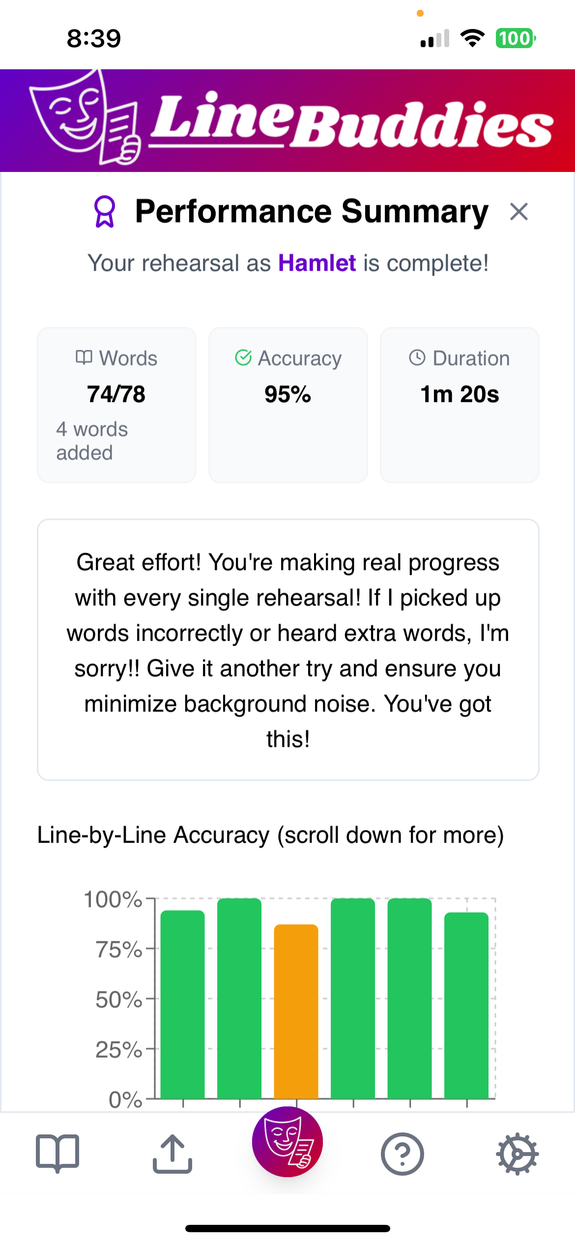 A screenshot from the app's performance summary page
