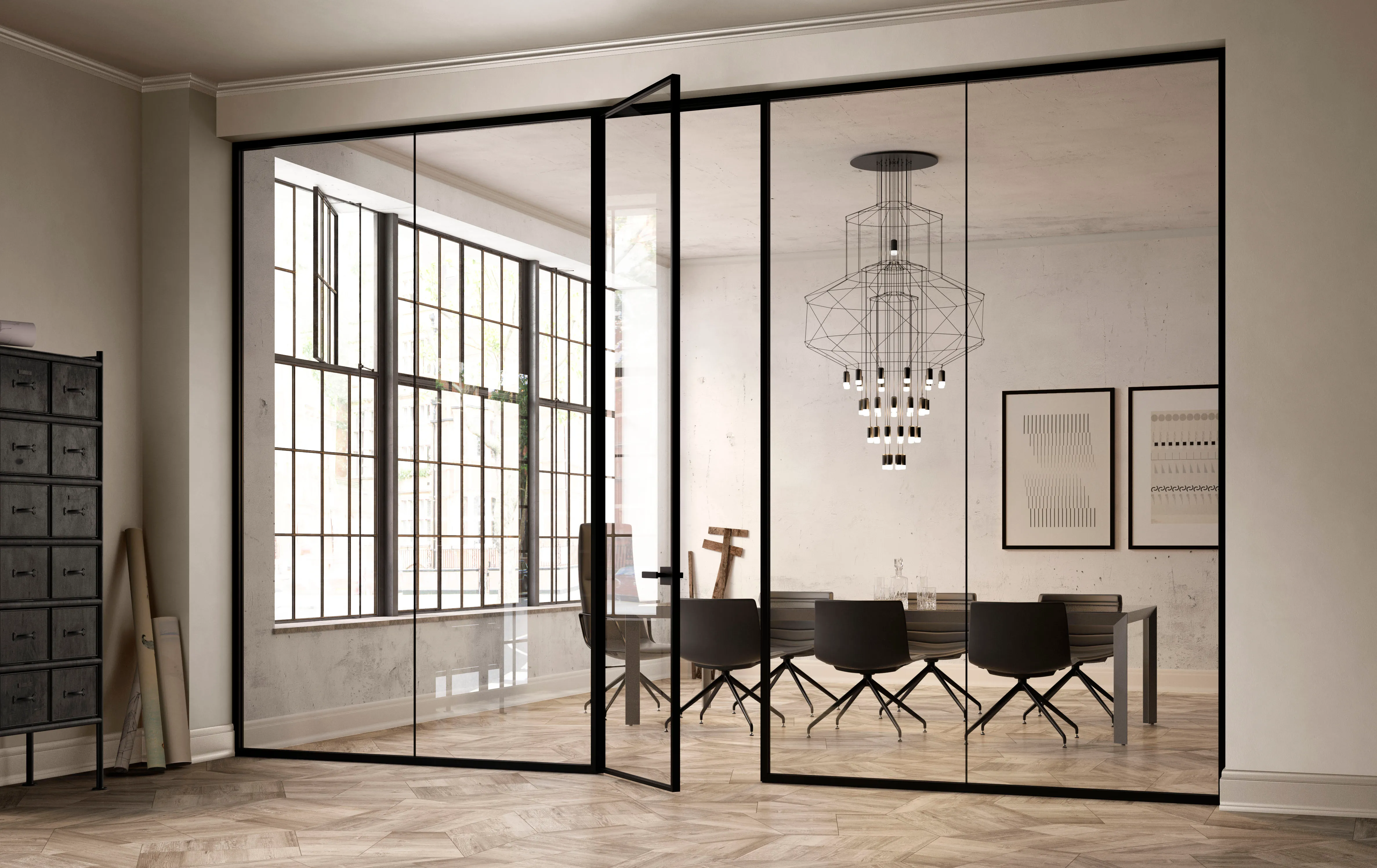 Cloison amovible en verre transparent, structure noire