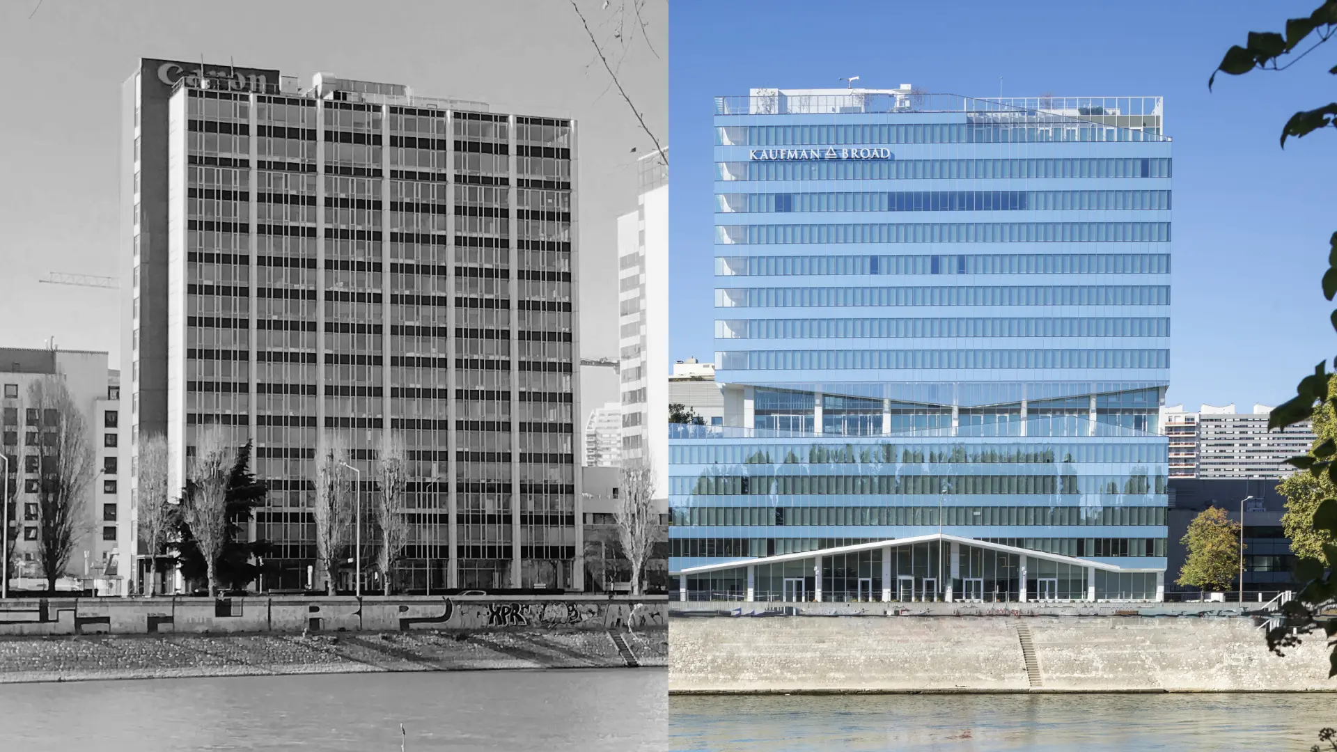 Comparaison côte à côte de deux bâtiments modernes près d'une rivière, à gauche en noir et blanc et à droite en couleur avec une façade en verre bleue.