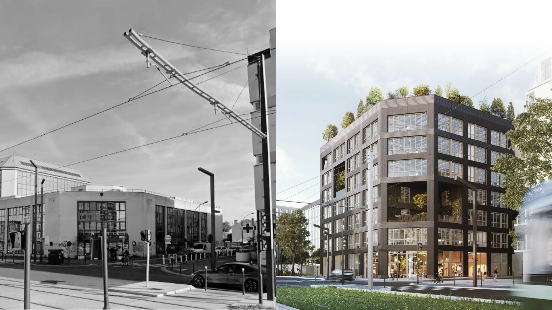 Vue avant d'un bâtiment ancien en noir et blanc à gauche et d'un bâtiment moderne à plusieurs étages avec des plantes sur le toit à droite.