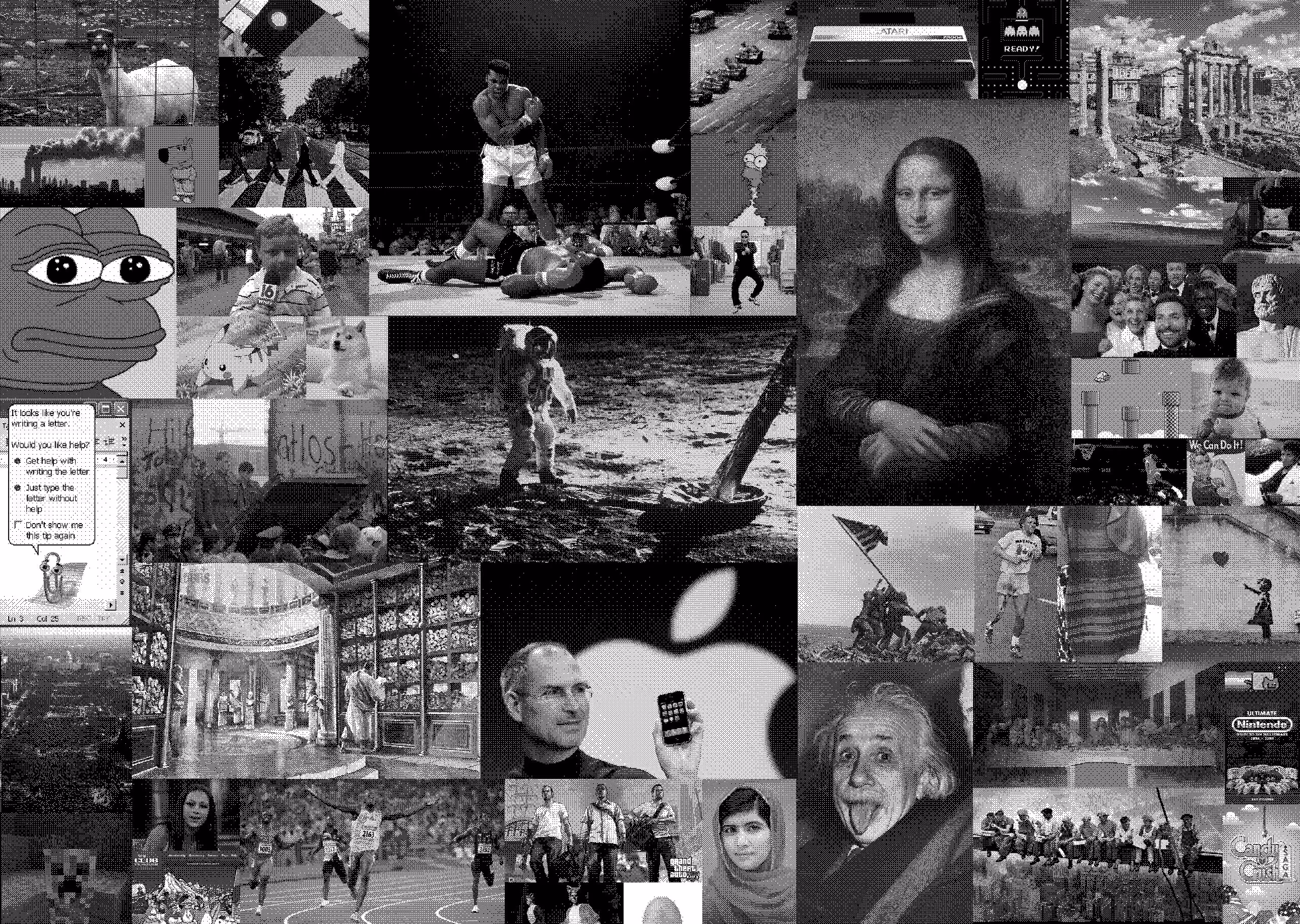 Collage of historically and culturally significant images in an 8-bit pixel map style