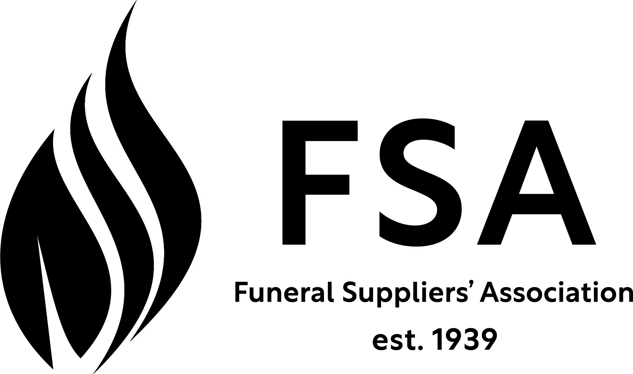 Logo of Funeral Suppliers' Association with stylized flame design and text 'FSA Funeral Suppliers’ Association est. 1939'.