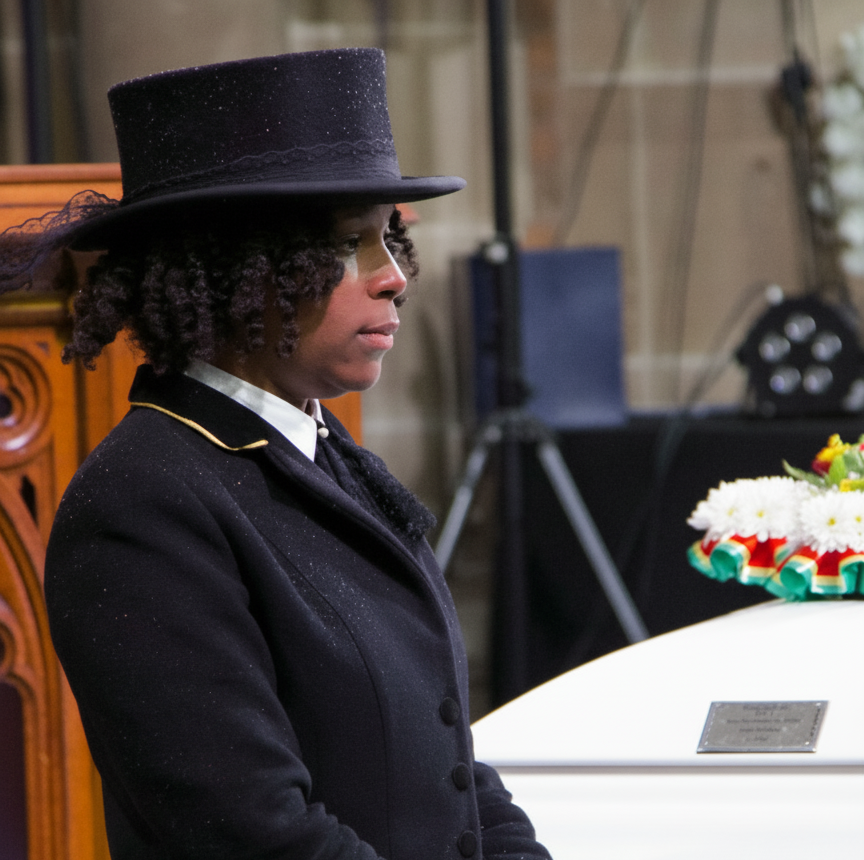 Woman in a black formal hat and coat standing solemnly next to a white coffin adorned with a colorful floral arrangement.