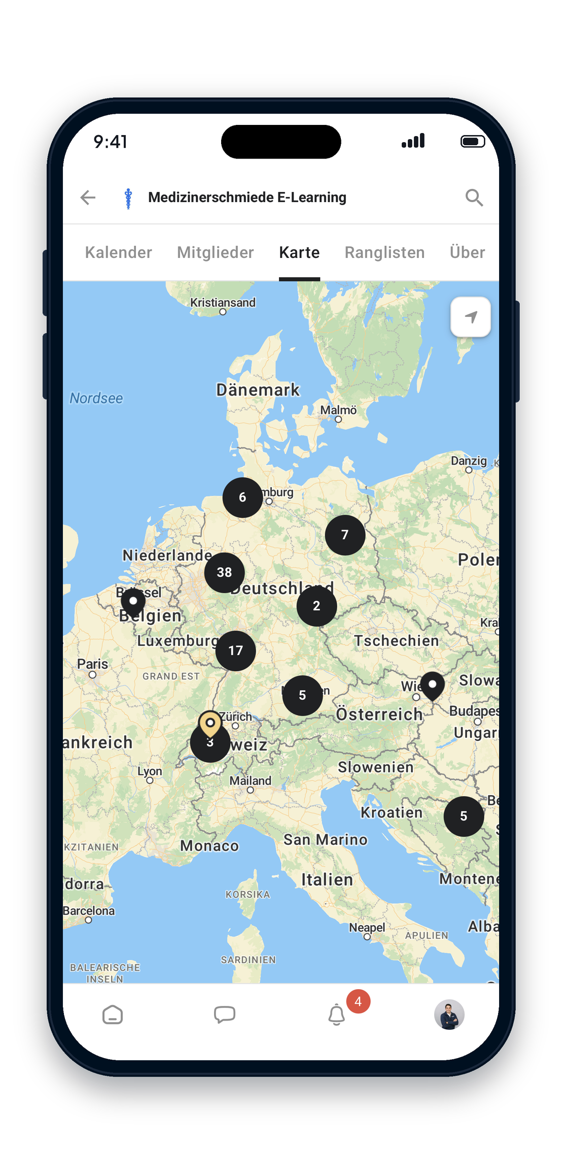 Community-Map im Mitgliederbereich: Medizinerschmiede-Studenten auf der Karte in ganz Europa