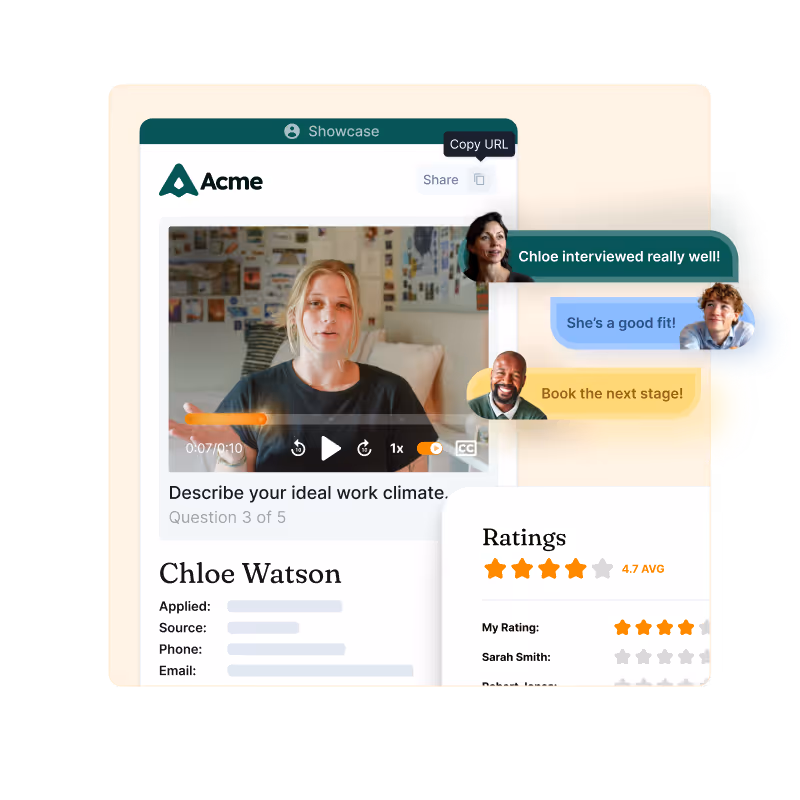 WedgeHR's "Collaborate" tool allows hiring team members to comment, rate candidates, and share one way video interviews for internal review.