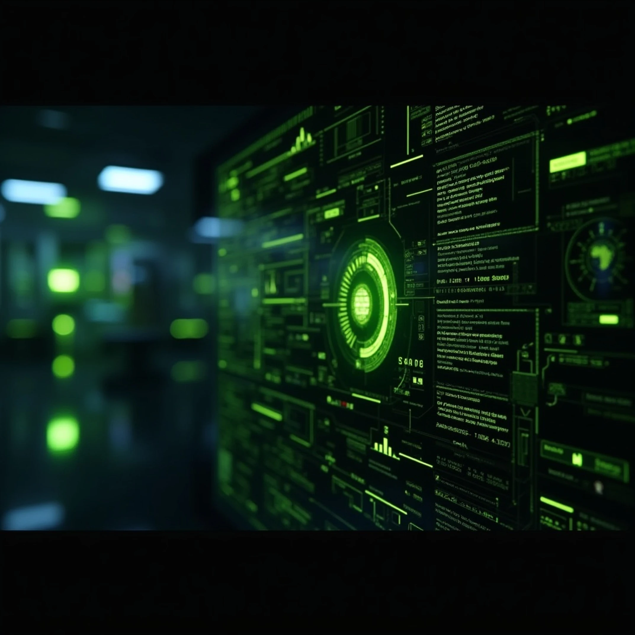 Futuristic green digital dashboard representing robust software development and data solutions by OKSoftware