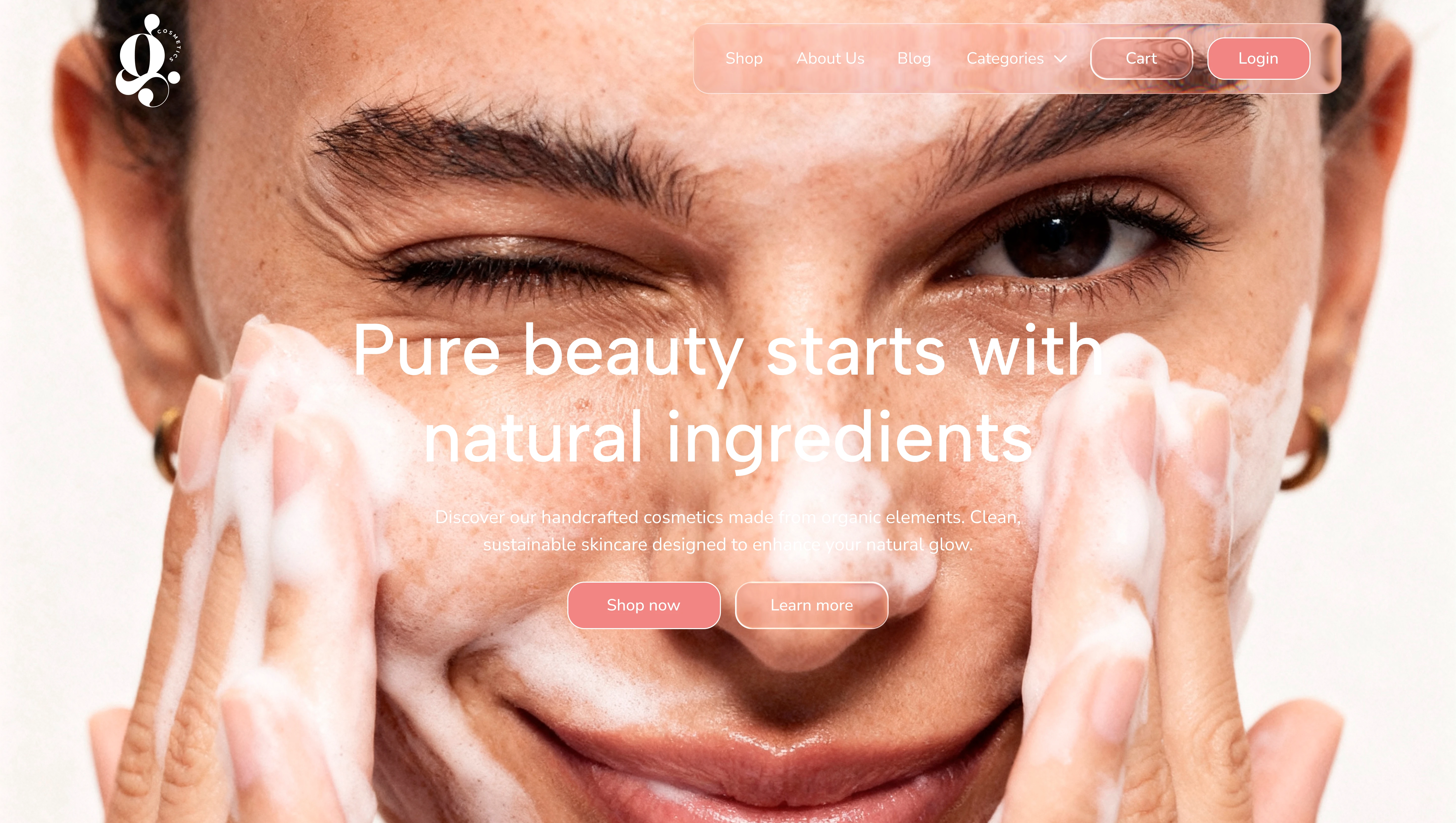 Close-up of a woman washing her face with foam, smiling – natural skincare concept.
