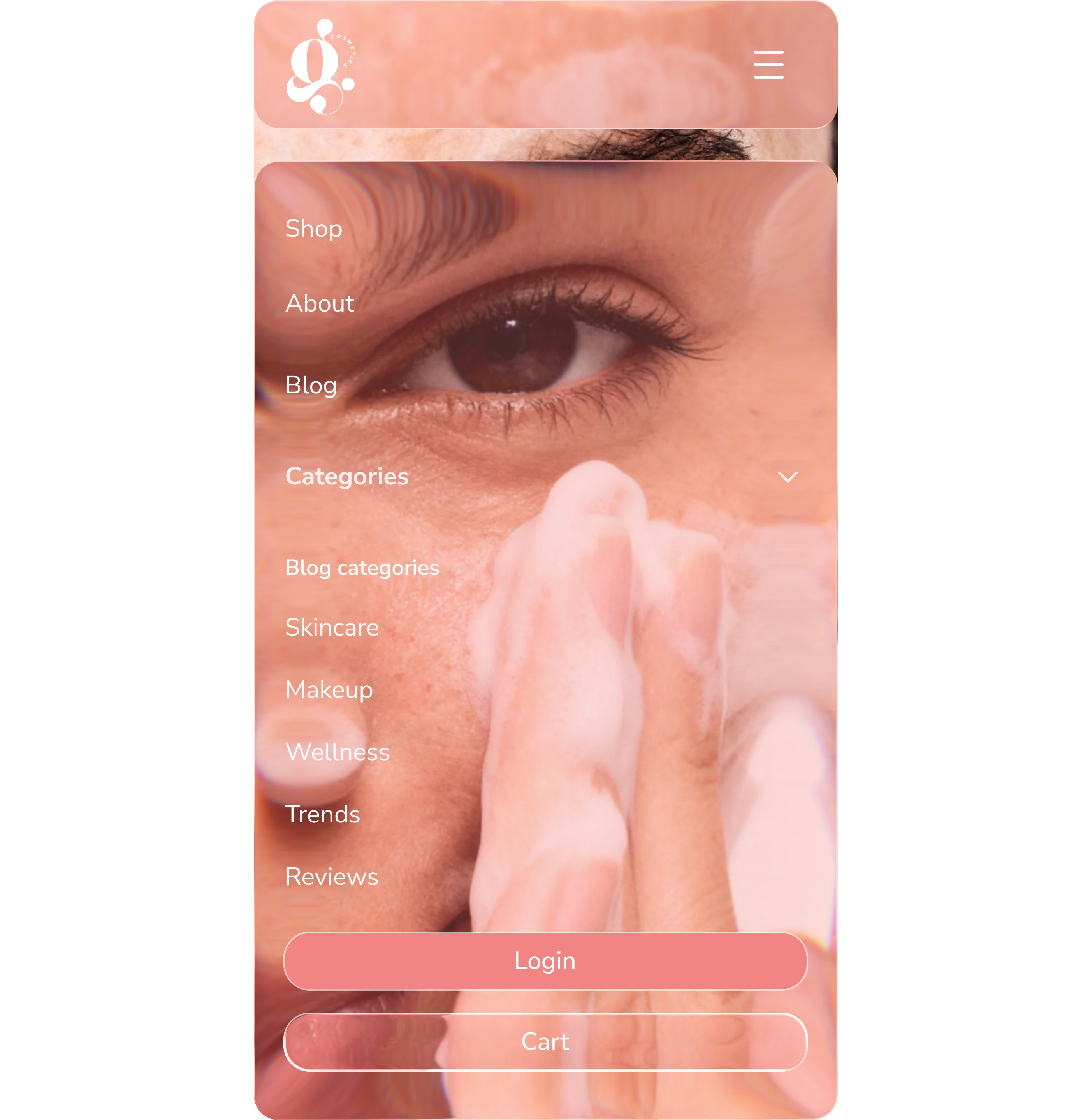 Close-up of a woman cleansing her face with foam – background image for mobile menu.