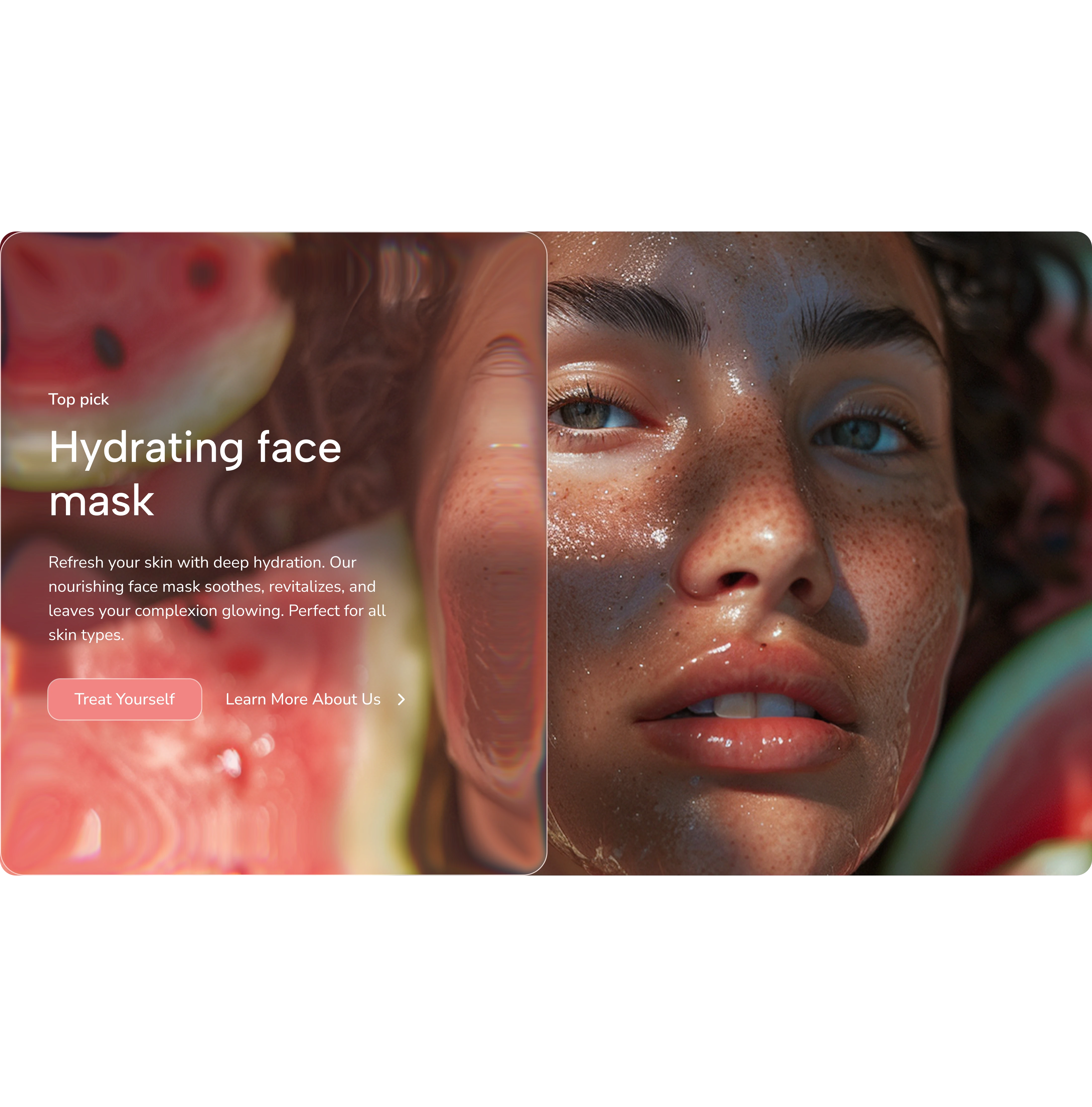 Close-up of a woman with glowing skin after applying a hydrating face mask, surrounded by watermelon slices.