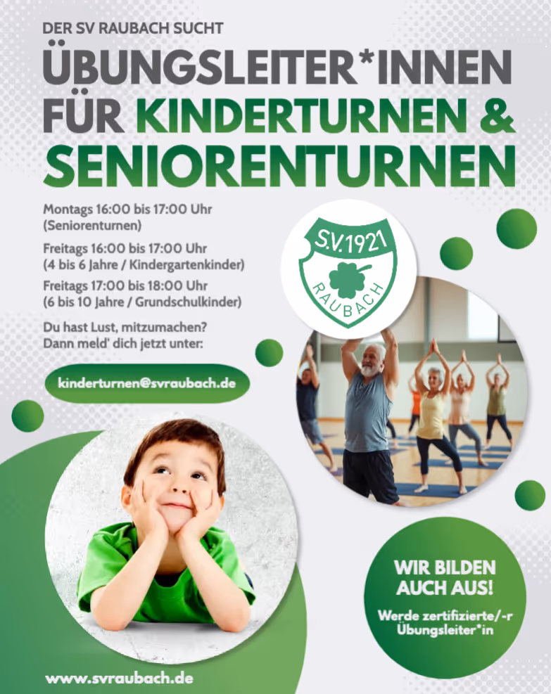 Ein Plakat mit Informationen zur Suche nach Übungsleitern für Kinder- und Seniorenturnen. Es zeigt Bilder von Kindern und Senioren bei sportlichen Aktivitäten sowie Details zu den Anforderungsterminen und einer Webseite.