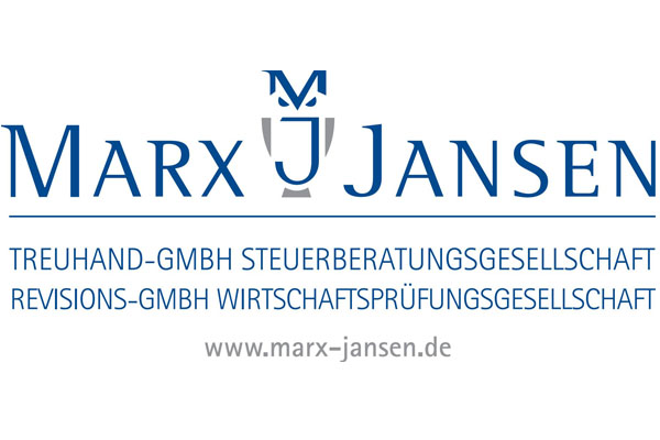 Das Logo der Steuerberatungsgesellschaft Marx Jansen zeigt den Firmennamen in blauer Schrift mit einem stilisierten Wappen darüber. Darunter steht die vollständige Bezeichnung der Gesellschaft und die Webadresse.